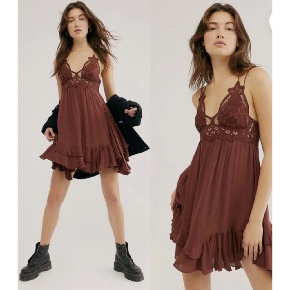 Free People Mini Dress Womens Small Brown Excellent Lace Strappy Boho